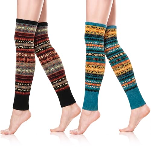 Image of SATINIOR 2 Pairs Bohemian Leg Warmers for Women Wool Blend Knit Knee High Boot Cuffs Long Winter Warm Thermal Socks (Black, Peacock Blue)