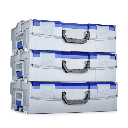 L-BOXX 136 Gr.2 3er Set – lichtgrau/industrial blau – kompatibel mit Bosch L-Boxx System – stapelbar, leer, robustes ABS – Werkzeugkoffer Transportsystem