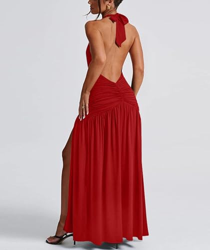 Image of Ekaliy Women's Sexy Halter Deep V Neck Maxi Dress Sleeveless Backless High Slit Ruched Long Dress Summer Party Cocktail Dress