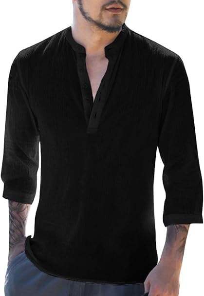 Runcati Herren Leinenhemd Herren Hemd 3/4 Ärmel Henley Shirt Regular Fit Freizeithemd Casual Sommerhemd Strand Leinen Shirts