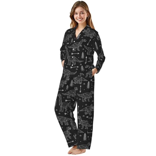 Image of Women'S Long Sleeve Pajama Set Soft Loungewear Button-Down Top & Elastic Waist Pants S- 2XL