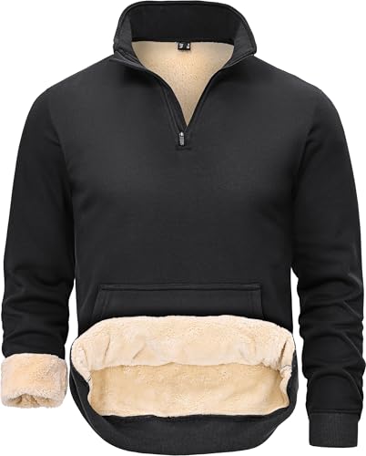Peakwell Men's Quarter Zip Thermal Sweater Warm Winter Pullover Hoodie Fleece Shirts Sherpa-Fleece-Lined, Black, L