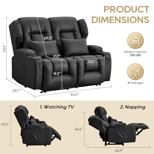 Image of IPKIG 54.2 inch RV Loveseat Recliner Sofa, Faux Leather Wall Hugger Reclining Chair with Cup Holder and Side Pockets, Home Theater Seating Manual Recliner for Living Room (Black, Loveseat)