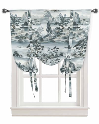 Tie Up Curtains for Kitchen Windows,Retro Garden Landscape Plant Mountain Adjustable Balloon Shade Curtain Panel Rod Pocket Drapes for Small Window Decor 34