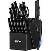 Astercook Knife Set, Kitchen Knife Set with Built-in Sharpener Block, Dishwasher Safe, 15 Pieces German Stainless Steel Knife Block Set, Black