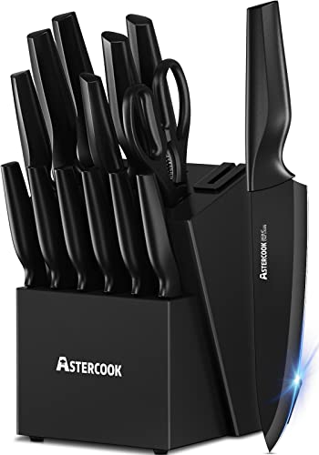 Comparison: Best Value Kitchen Knives Set 9 Astercook Knife Set, Kitchen Knife Set with Built-in Sharpener Block, Dishwasher Safe, 15 Pieces German Stainless Steel Knife Block Set, Black