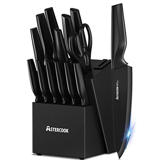Astercook Knife Set, Kitchen Knife Set with Built-in Sharpener Block, Dishwasher Safe, 15 Pieces German Stainless Steel Knife Block Set, Black