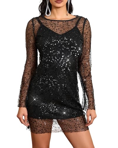 TUWIXIUW Women Two Piece Short Dress Outfits Sexy Spaghetti Strap Slip Homecoming Dress with Sequin Sparkly Sheer Mesh Poncho(Black,Large)