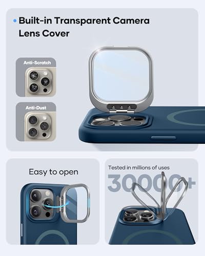 Image of Vihibii for iPhone 15 Pro Max Case, [Compatible with MagSafe], Built-in Transparent Lens Cover & Camera Stand, Full-Body Shockproof Soft Silicone Rubber Phone Cover with Microfiber Lining, Dark Blue