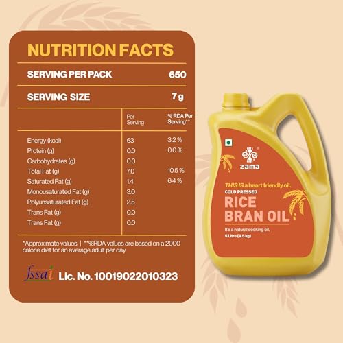 Image of Zama Organics Cold Pressed Rice Bran Oil 5L PET Bottle | Cooking Oil for Deep Frying & Stir Fry | Oryzanol Rich Oil | High Smoke Point | Light & Neutral Taste | Daily Use Edible Oil