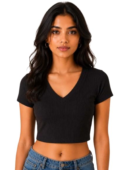 Women's Cotton Ribbed Crop Top | Solid V-Neck T-Shirt | Half Sleeves | Slim Fit Stretch Casual Crop Top for Women-picture-32