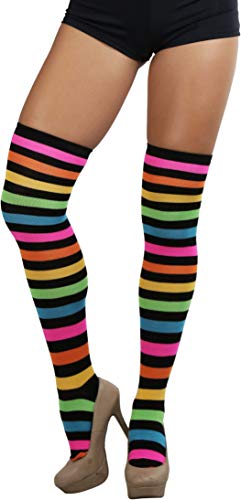 Image of ToBeInStyle Women's Bright Vibrant Rainbow Striped Thigh High Rave Stockings