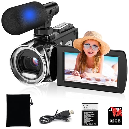 Rumyums Video Camera Camcorder Full HD 4K 48MP Digital YouTube Vlogging Camera Recorder Video Camera 30FPS 3.0 Inch LCD 270 Rotatable Degrees IPS Screen with Microphone and 32GB SD Card