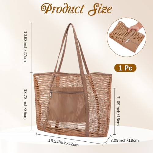 CREATCABIN Mesh Beach Bag Beach Tote Handbag With Zipper Foldable Mesh Sand Free Bag Vacation Essentials for Pool Travel and Family Vacation Ton Of Storage Saddle Brown 16.54x13.78x7.09in2