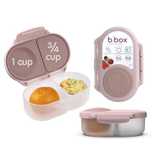 Image of b.box Snack Box - Leakproof Mini Bento Box for Kids & Toddlers, 2 Compartment Snack Containers for Kids, Lunch Containers, Dishwasher Safe, BPA Free, PFAS Free, Ages 4m+, 1 3/4 Cup - Blush Crush