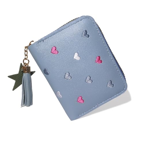 StillvollMao Coin Purse, PU Leather Change Purse Small Wallet for Women Credit Card ID Card Holder with Heart Embroidered patterns and Cute Pendant (Blue)