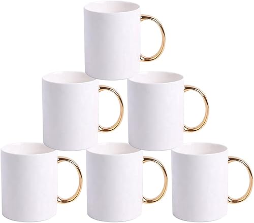 Miniatura 2 de MR.R Grado AAA Sublimación Blanks 6 juegos de tazas de café de cerámica blanca para lavavajillas con mango dorado 11oz taza clásica de cerámica en