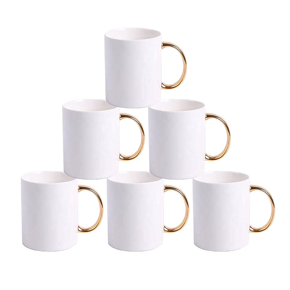 MR.R 6 Set Grado AAA Sublimazione Vuoti Lavastoviglie Tazze da caffè in ceramica bianca con manici dorati Tazza classica da 11 once per latte Tè Cola Acqua