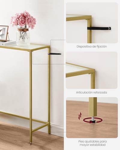 VASAGLE Mesa de Consola, Mesa de Entrada, Extremo del Sofá, Tablero de Vidrio Templado, Marco de Metal, Patas Ajustables, para Salón, Entrada, Pasillo, Dorado Pálido y Transparente LGT132A01 - imagen 6