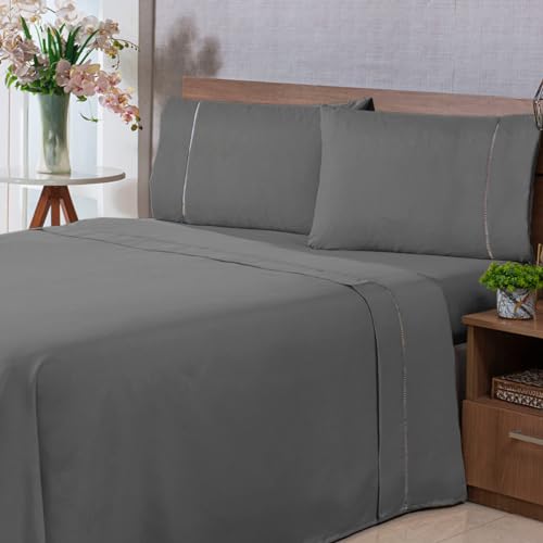 Jogo de Lençol Casal Padrão Micropercal 200 Fios Ponto Palito 4 Peças Toque Acetinado (Cinza)