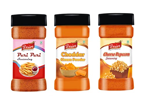Image of Desire Cheddar Cheese Powder, Cheese Popcorn Seasoning Powder, Peri Peri Masala (Seasoning Combo) 100g Each