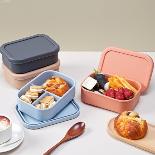 Image of Honeydak 4 Pcs Silicone Bento Box, 3 Compartment Lunch Food Container for Women Men, Leak Proof Microwave Easy to Clean Dishwasher Freezer Safe (Grey,Blue,Khaki,Orange)