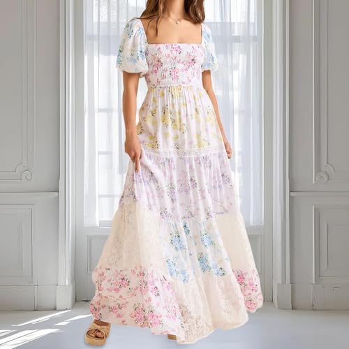 Women Patchwork Dress Y2k Floral Puff Short Sleeve Maxi Dress Summer Boho Smocked Tiered Ruffle Beach Sundress2