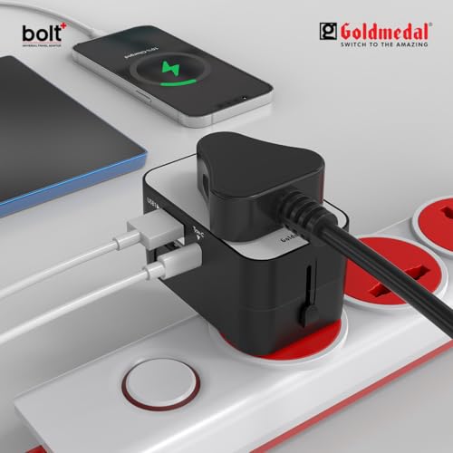 Image of Goldmedal Bolt + Universal Travel Adaptor | 2 Type A & 1 Type C USB Ports for Quick Charging | Supports Variety of Plug Types| Perfect for International Travel - Black & White | For Home & Office, Supports Variety of Plug Types| Perfect for International Travel - Black & White