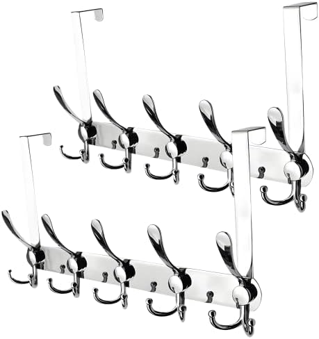 yozhch Over Door Hooks Hanger for Bedroom, Heavy Duty Stainless Steel Coat Hook, Wall Mounted Towel Rack 2 Pack 5 Tri Hooks, Suitable for 3.5CM to 4.5CM Thick Doors