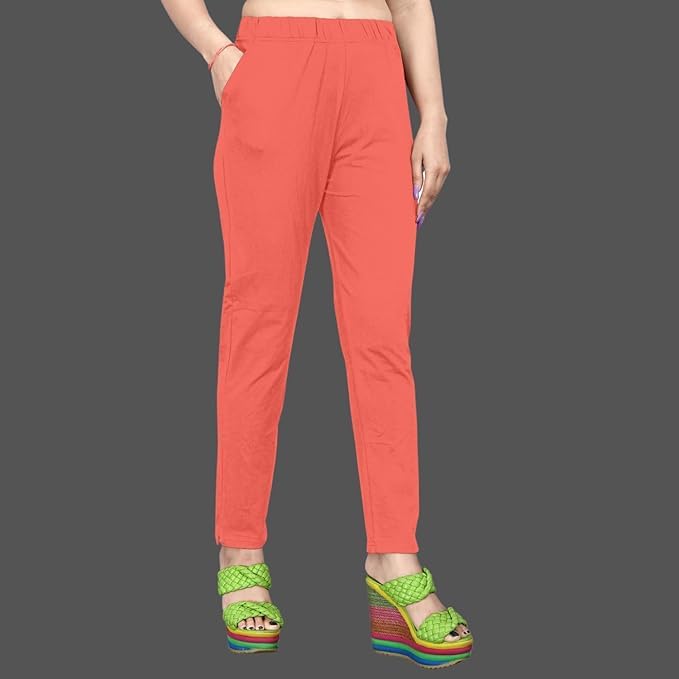 Image of Women's Solid Cotton Lycra Pants-High Waist Slim Fit Stretchable Leggings - Comfortable Long Trousers for Casual, Office & Everyday Wear
