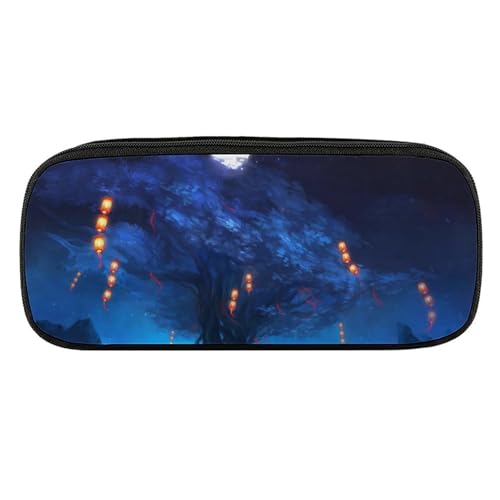 ペンケース 筆箱 大容量 軽量 夜空 満月 木に掛けられたランタン 筆入れ ふでばこ ペンポーチ 多機能 コンパクト シンプル おしゃれ 中小学生 高校生 女の子 男の子