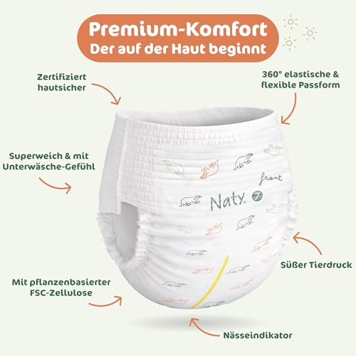 Naty FreeMovers Baby Pants Windeln | Windelhöschen zertifiziert hautverträglich | Weich & ohne Duftstoffe | Saugstark & Auslaufsicher | Dermatologisch getestet | Größe 7 (16+ kg) | 64 Stück