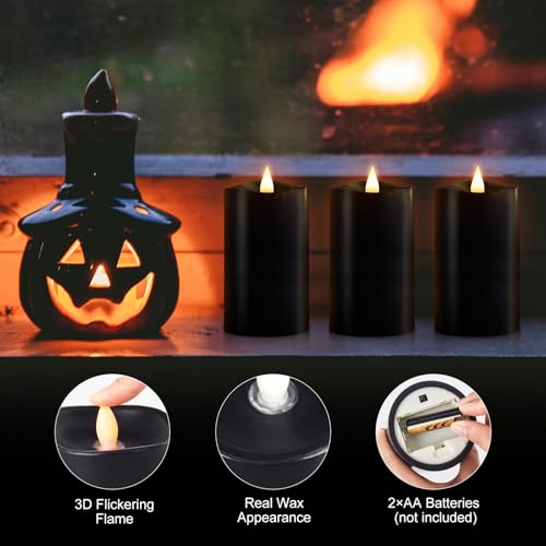 Image of 3PCS, 3 x 5 inches Flameless Candle with Remote Control, 3D Flickering Wick, Real Wax Pillar LED Candles, Battery Candles,with Timer,for Holiday Home Decor, Black