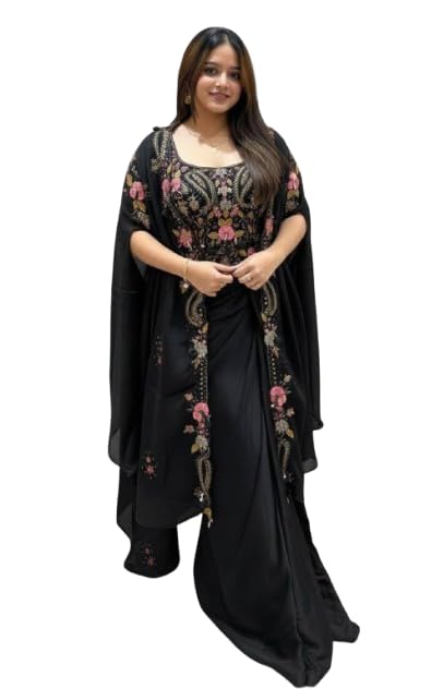 Lehenga Choli For Womens And Girls Crepe silk, with sequin embroidery belt Indowestern three piece set with embroidery Wedding Shrug with Sarara Black-image-37