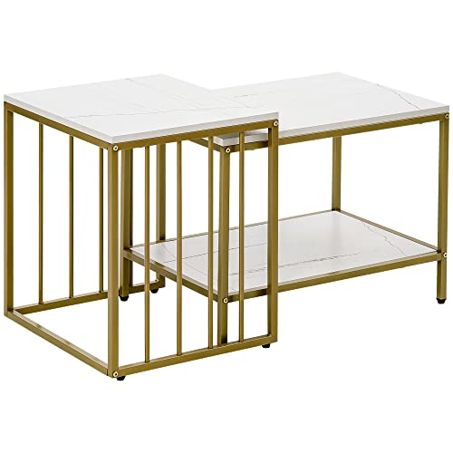 HOMCOM Lot de 2 Tables Basses gigognes carrés - Plateau Blanc Aspect marbre et Pied en métal doré