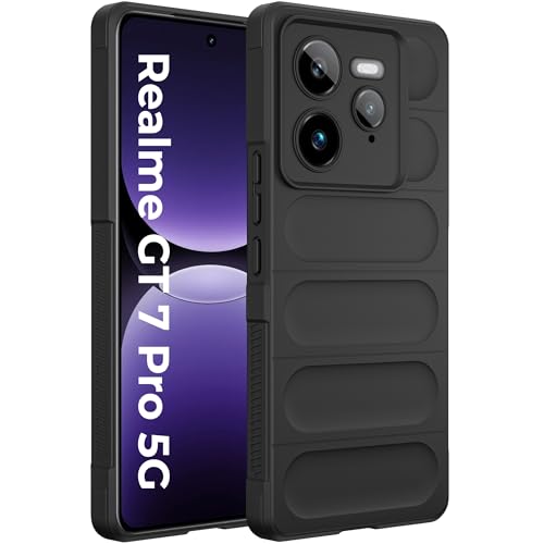 Image of A rtistque Back Cover Case for Realme GT 7 Pro 5G | with Inner Fabric | Stylish AirBag Case | Liquid Stripe Silicone | Camera Protection | Anti Slip Grip | Back Cover - Black
