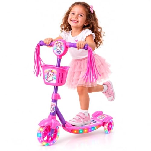 Patinete Infantil 3 Rodas Com LED Som Cestinha Ajustável (Unicórnio)
