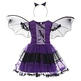 HSYWSH Disfraz de Murciélago para Niñas Disfraz Halloween Vestido de Murciélago con Alas de Murciélago Diadema Adecuado para Halloween Carnaval Fiesta Cosplay Party (Morado)