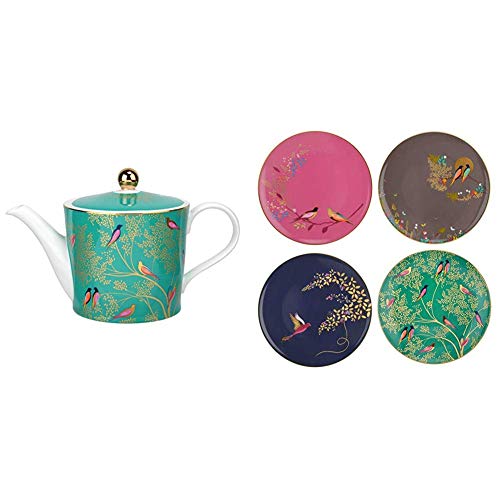 Sara Miller for Portmeirion Chelsea Teapot, Ceramic, Green, 290 x 175 x 150 cm & Miller for Portmeirion Chelsea Cake Plates, Ceramic Multi-Colour, 215 x 215 x 60 cm