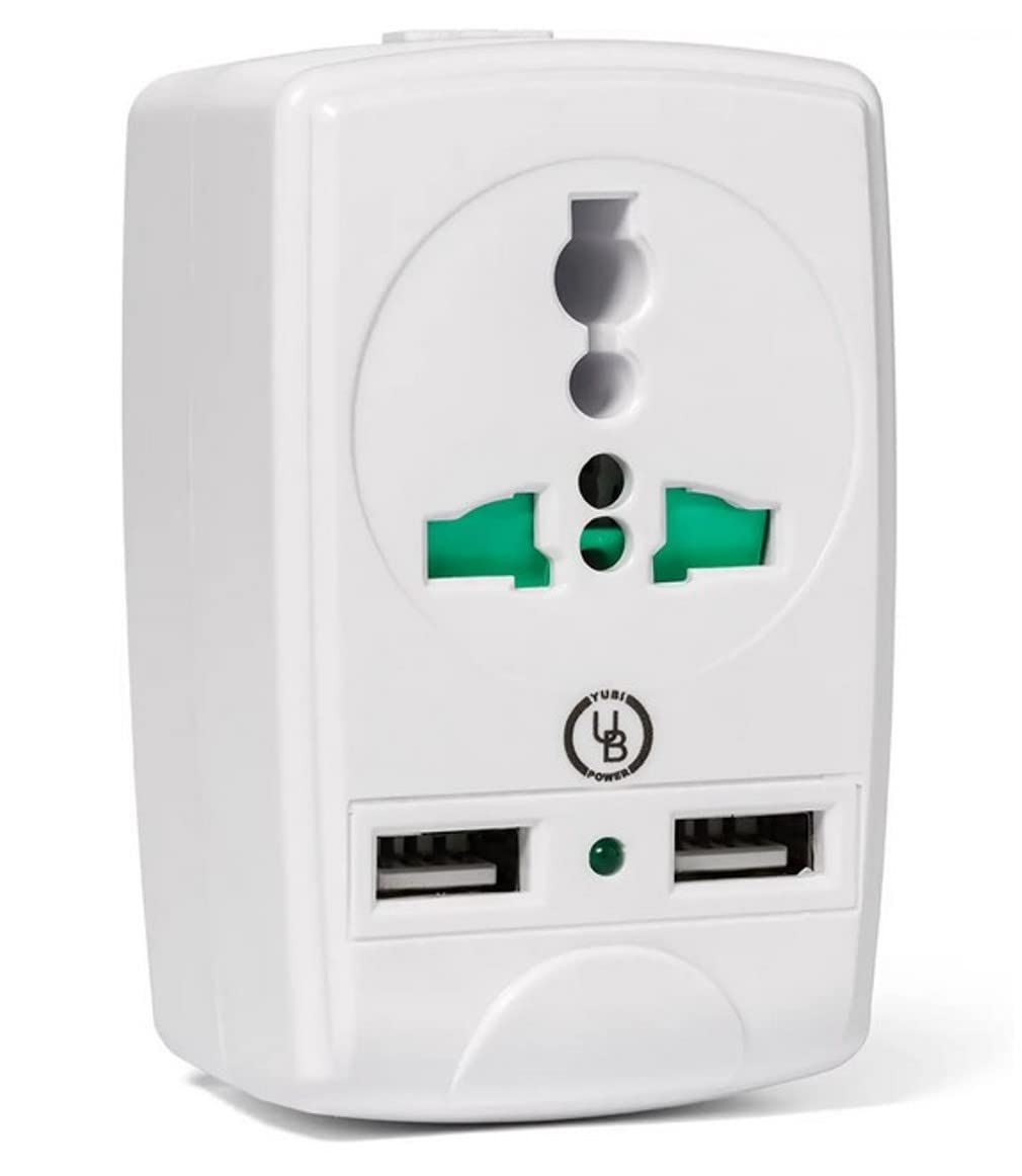 Yubi Power Universal World Wide Travel Plug Adapter/Charger with Universal Input Outlet and Dual USB Ports - Multi Worlwide Plug-in Foldable Prongs - White