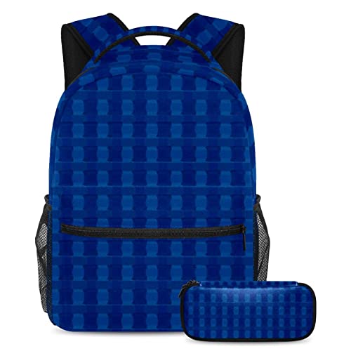 Sac à dos à carreaux bleus et sa trousse pour ados en voyage et au collège