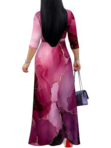 Image of Plus Size Dresses for Women Print Maxi Dresses 3 /4 Sleeve with Belt