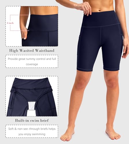 Image of SANTINY Women's High Waisted Swim Shorts with Pockets UPF50+ Long Board Swimming Shorts for Women with Liner