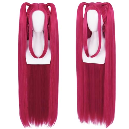 IMEYLE Rose Red Pink Wig with Bangs Long Straight Hot Pink Cosplay Wigs with 2 Ponytails Red Anime Wigs for Singers Cosplay Halloween Costume Outfit Party+Hair Cap