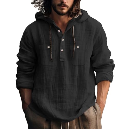 Mens Cotton Linen Hoodie Long Sleeve Lightweight Breathable Hooded Button Down Shirt Spring Fall Casual Tops