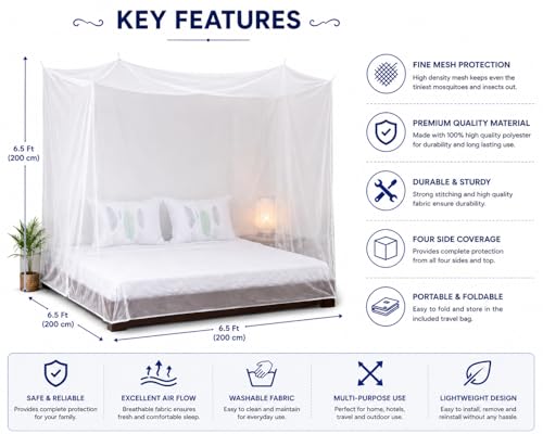 Image of Mosquito Net for King Size Bed - Foldable Square Mosquito Net Double Bed | Mosquito Net for Queen Size Bed | Mosquitoes Net for Sukun Wali Neend | White