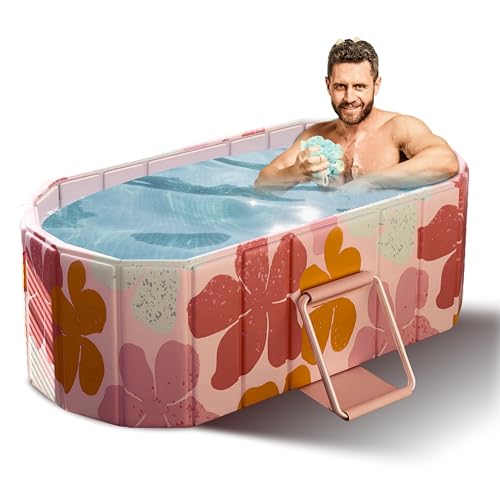 Image of Helteko Bath Tub for Adult for Bathroom, Foldable Tub for Home Use with Drainage Hole, Thickened Insulated Ice Bath Tub, Inflatable BathTub for Adults, Ice BathTub for Adults (Pink Flower)