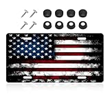 NYTKL Vintage American Flag License Plate, Personalized Novelty USA Flag Car Front License Plate Cover with 4 Screws, Stainless Aluminum Metal American License Tag for Decor (Black & Red)