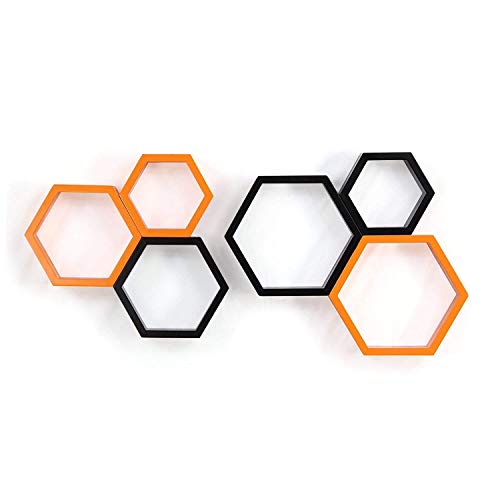 Image of BAS Vampire Brown Art Shoppee Decorative Display with Hexagon Shape Set of 6 Floating Wall Shelves and Racks for Living Room (Black & Orange)