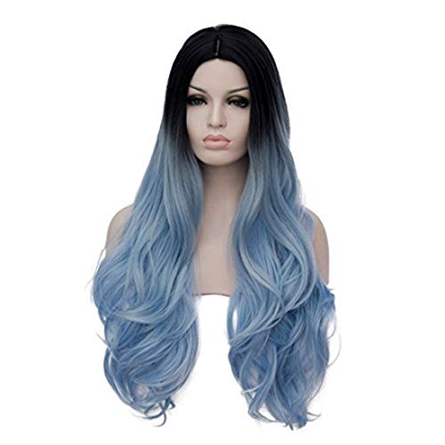 OYIXU 75cm 29.5" Black Purple Blue Ombre Mixed Lolita Halloween Cosplay Replacement Curly Long Wig (Blue)